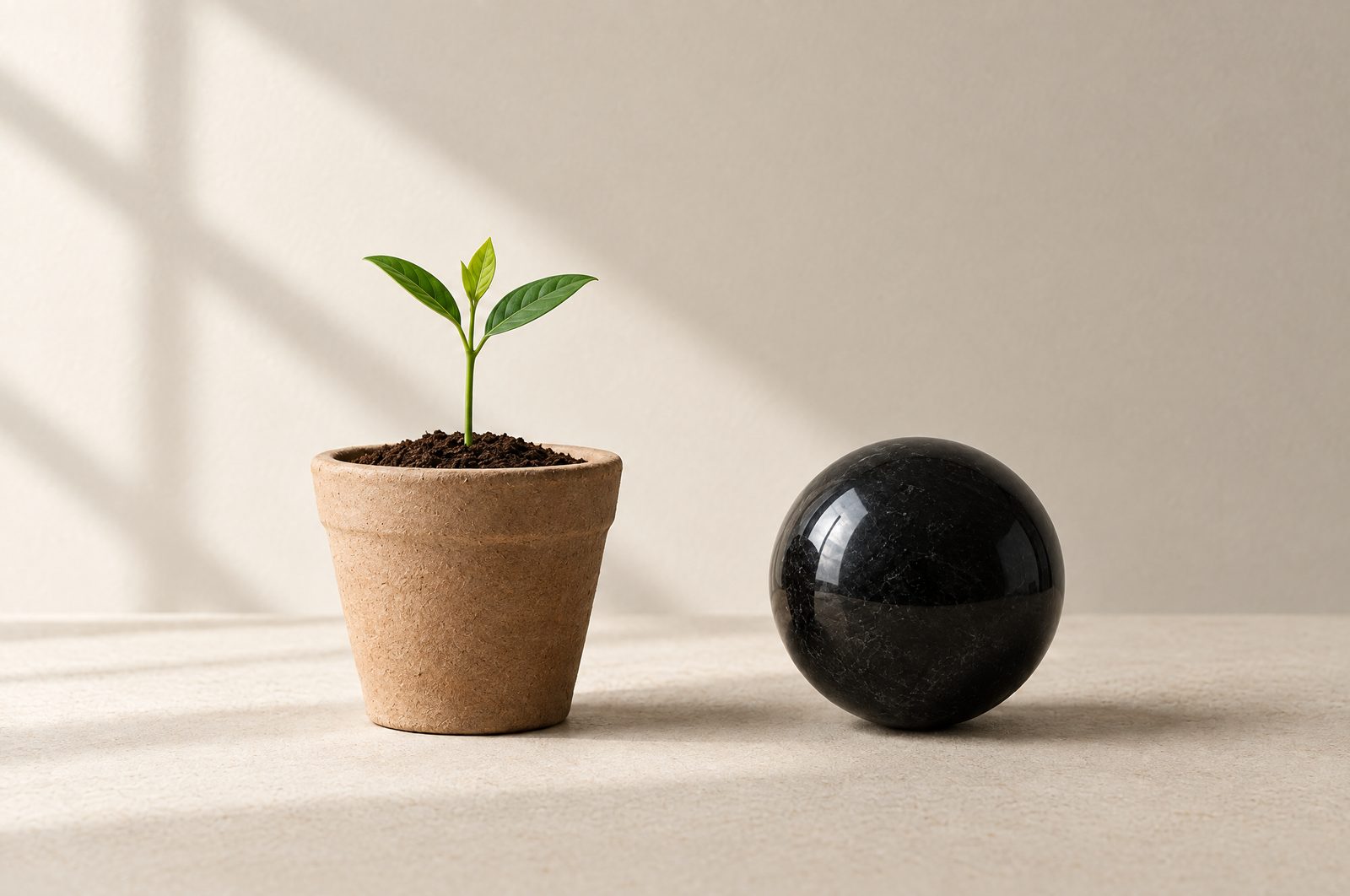 A seedling in a clay pot beside a polished black stone sphere