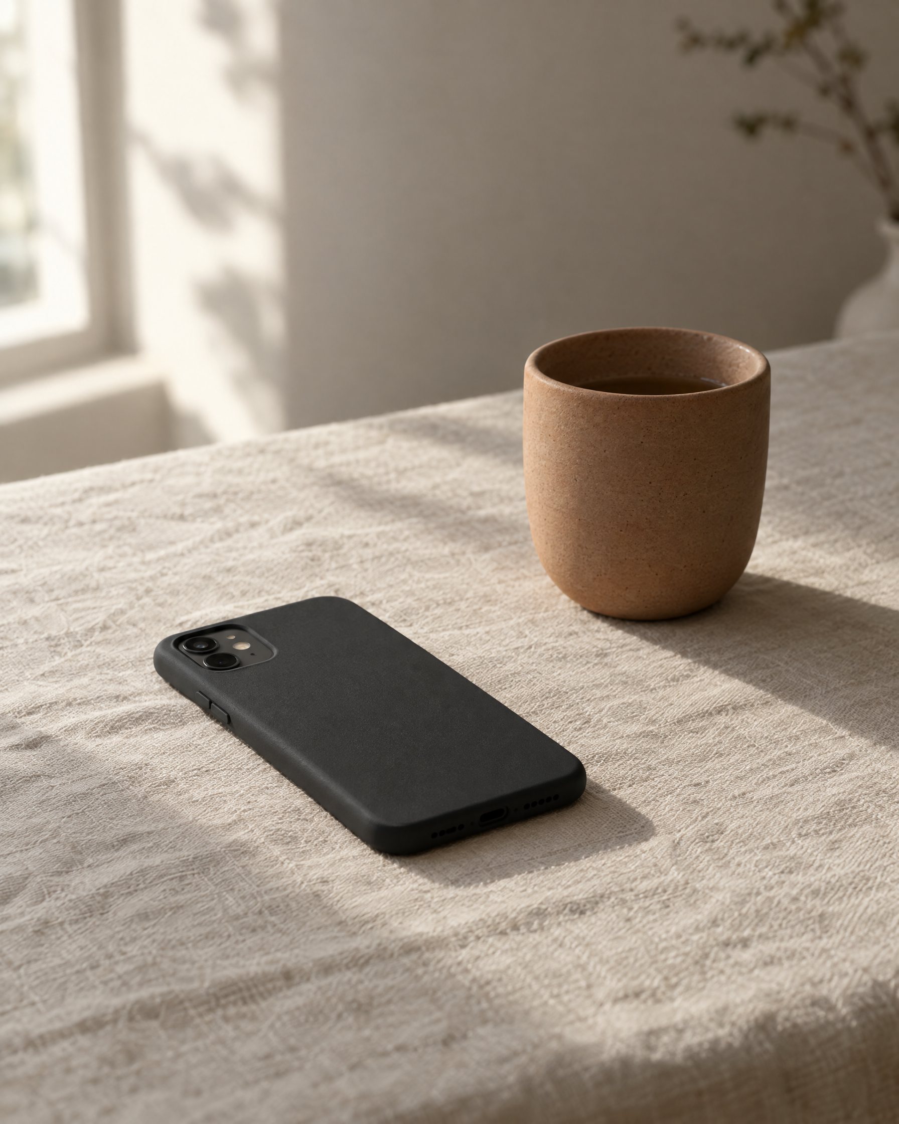 A phone resting face-down on linen in morning light