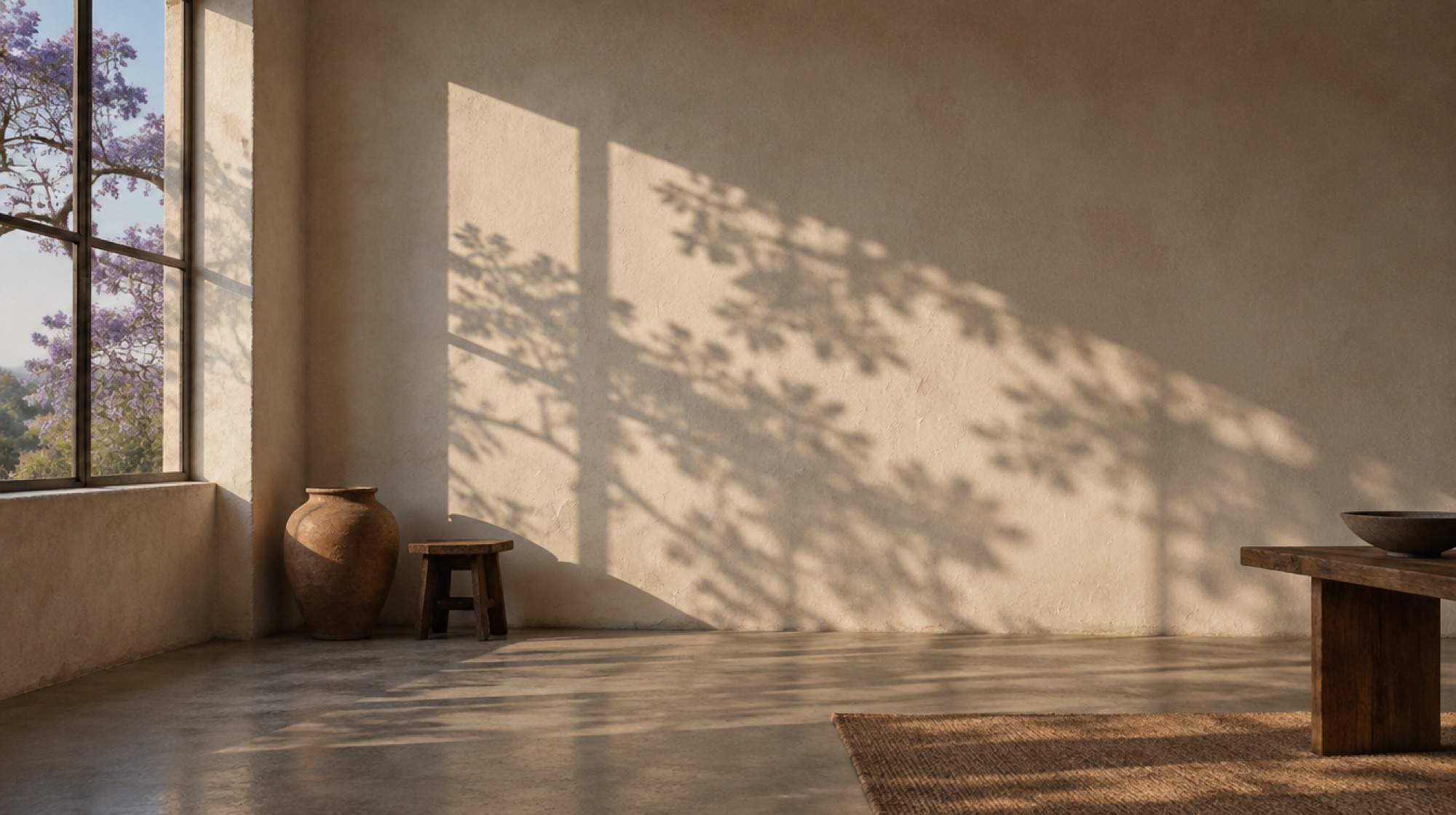 Morning light and leaf shadows across a quiet studio wall