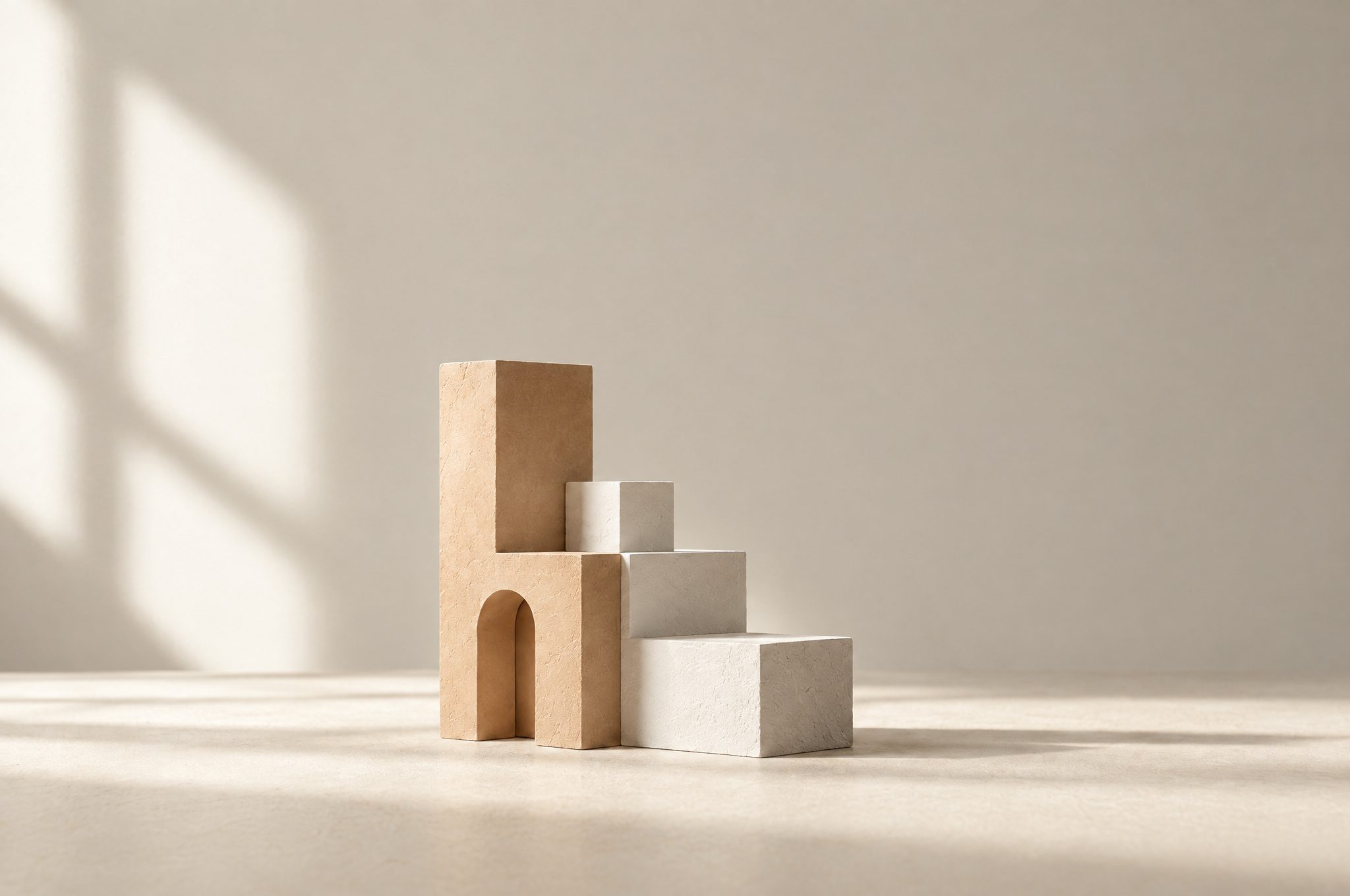 Plaster blocks forming an abstract stepped building in soft window light