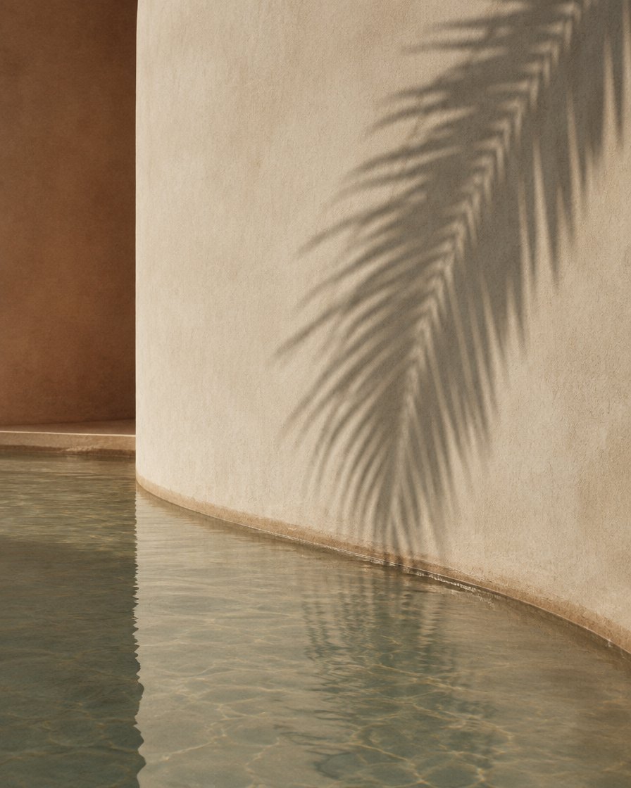 Palm shadow on a plaster wall above still water