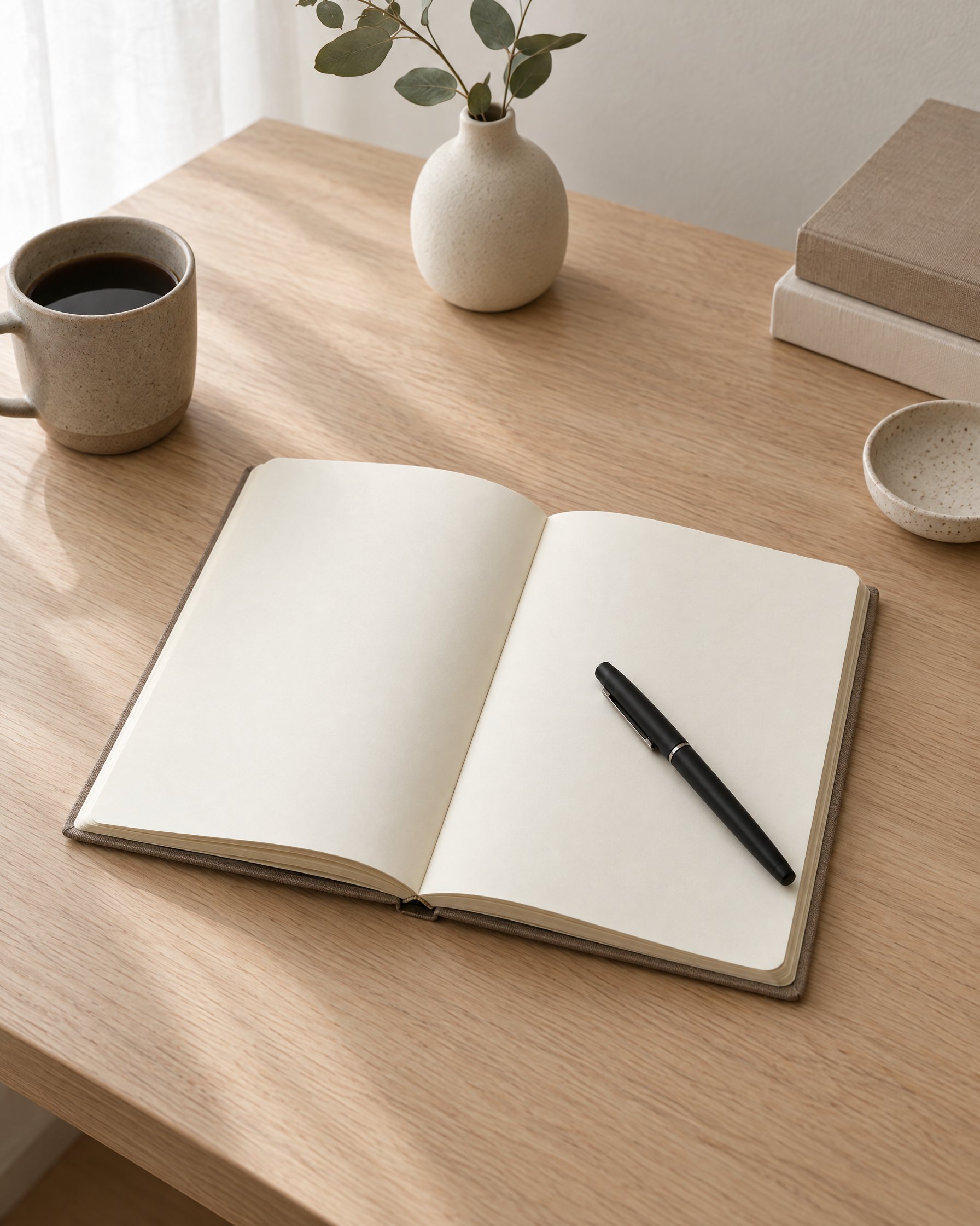 An open blank diary and pen on an oak desk