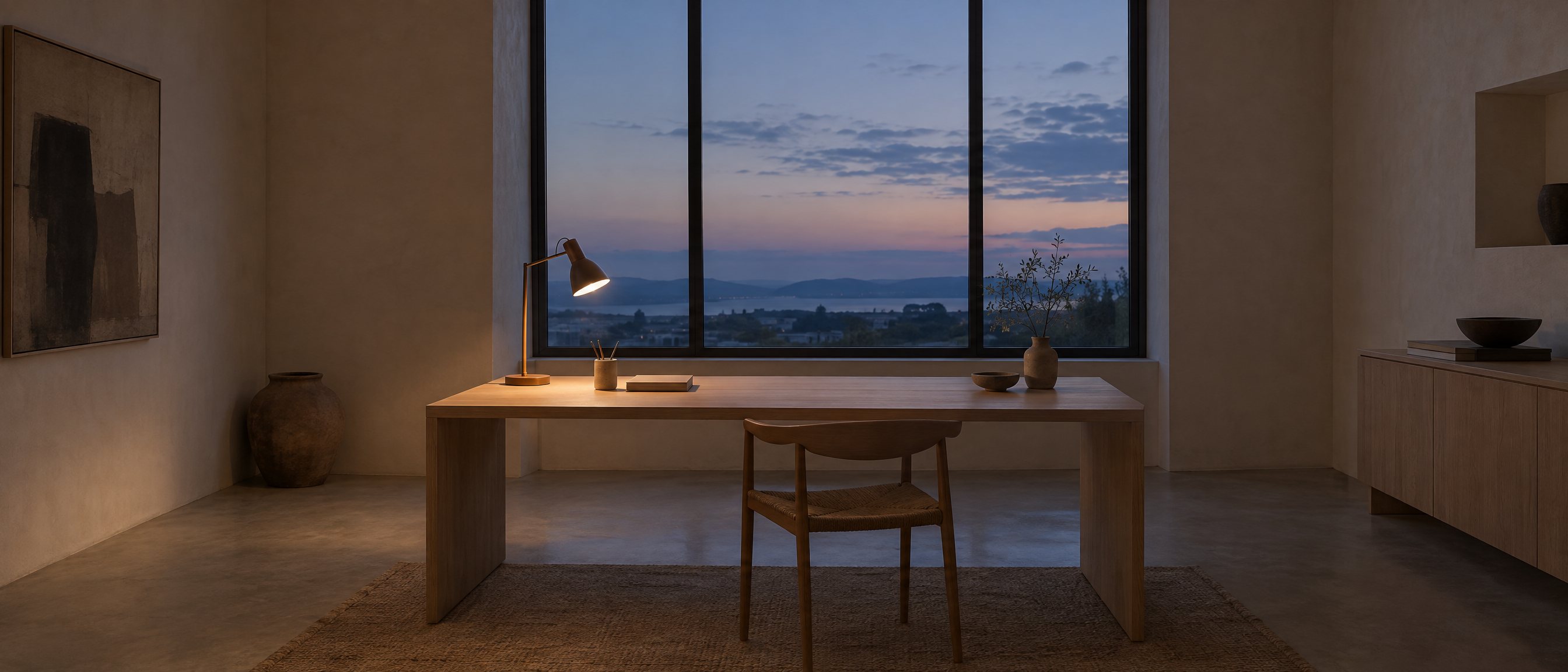 A quiet studio at dusk with one desk lamp still on